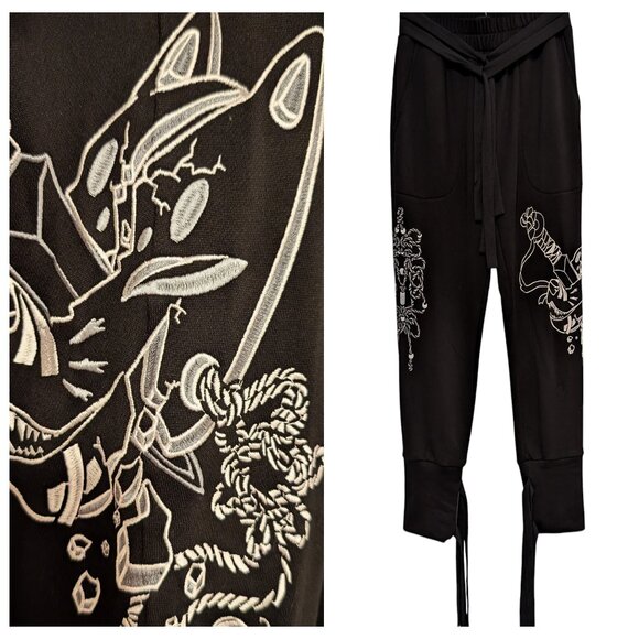 Iron Yokai Unisex Sz L Tobi Black Embroidered Adjustable Ties Jogger Work Pants - Picture 1 of 12